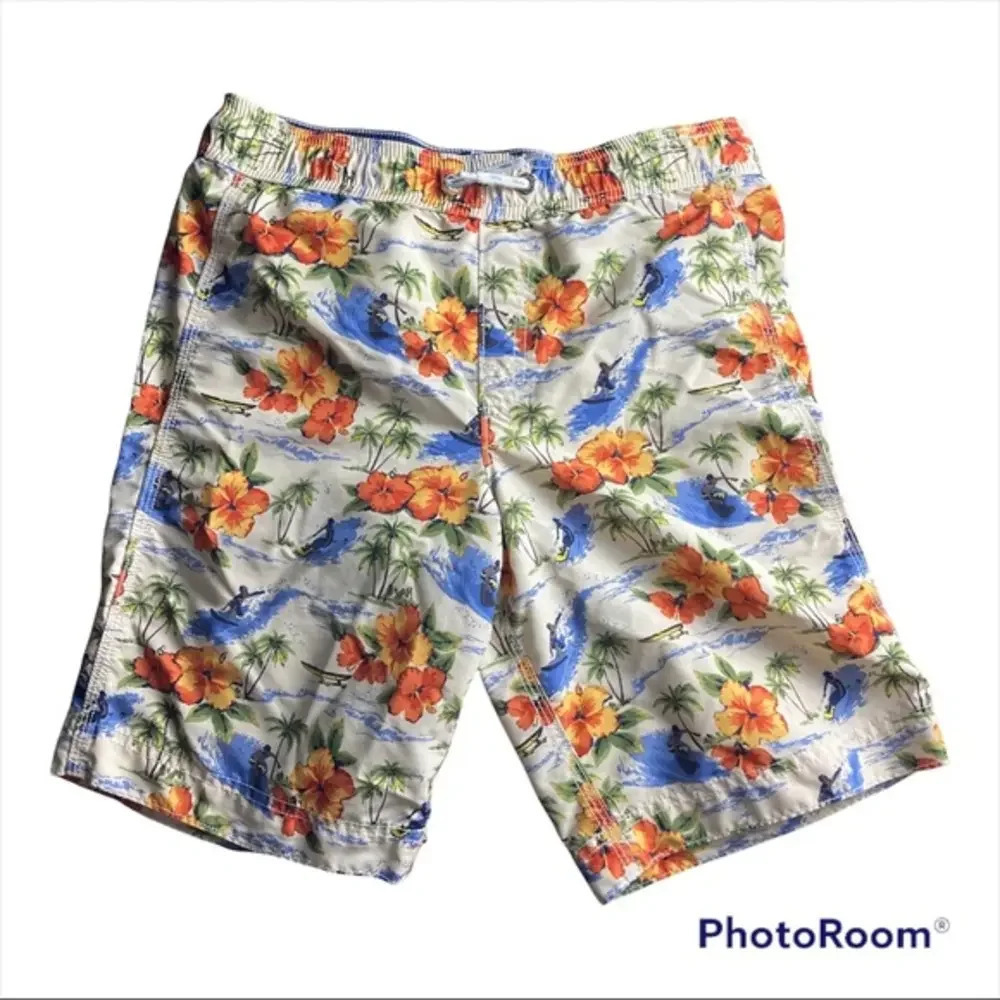 Lands End Kids Allover Print Tropical Hawaii Lined Swim Shorts Size M 10-12